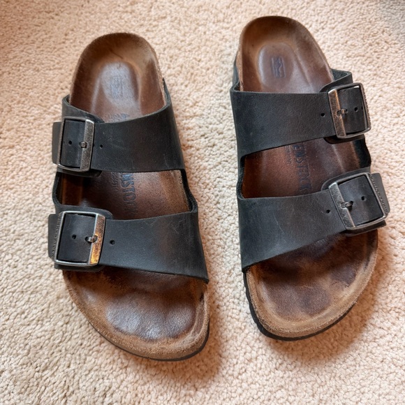 Birkenstock Shoes - Birkenstock Black Two-Strap Leather Slide Sandals Size 40